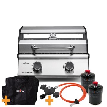 Grillfürst G201E 2-Brenner Gasgrill / Campinggrill / Balkongrill 50mbar - CAMPING SET BASIC - inkl. Tragetasche, Kartuschen-Druckregler und 2 Gaskartuschen