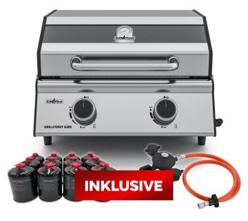 Grillfürst G201E 2-Brenner Gasgrill portabel v2 - Campinggrill / Balkongrill - X-DEAL inkl. Kartuschen-Druckregler 50 mbar und 12 Grillfürst Gaskartuschen