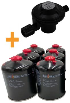 Grillfürst Einstufiger Druckminderer mit Absperrventil / 7/16&quot; (Gaskartusche) x 1/4&quot;, 50mbar - inkl. 6 Grillfürst Gaskartuschen