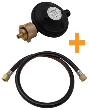 Grillfürst Einstufiger Druckminderer / Flasche (KLF) x 1/4&quot;, 50mbar - inkl. Grillfürst Gasschlauch 80cm - 1/4“ auf 1/4“ für DE-Gasgeräte (klassischer DE-Gasschlauch)