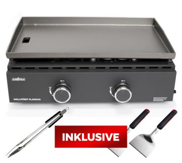 Grillfürst Plancha Grill - 2 Brenner mit insgesamt 7 kW und Edelstahl Plancha - inkl. 2 Stk. Plancha Spatel und Grillzange