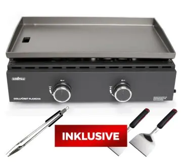 Grillfürst Plancha Grill - 2 Brenner mit insgesamt 7 kW und Edelstahl Plancha - inkl. 2 Stk. Plancha Spatel und Grillzange
