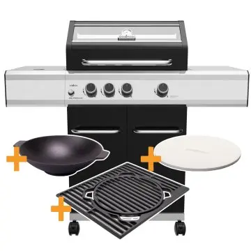 Grillfürst G310E 3-Brenner Gasgrill mit Hochtemperaturbrenner und Edelstahl Rosten - GOURMET STARTERSET mit X-Rost, Gusseisenwok und Pizzastein