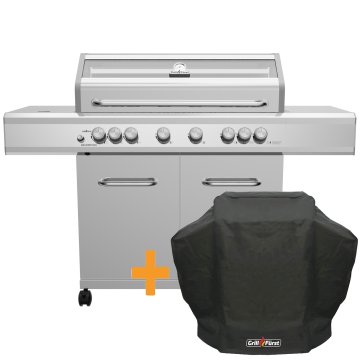 Grillfürst G621G 6-Brenner Edelstahl-Gasgrill mit Hochtemperaturbrenner, Heckbrenner und Gusseisen Rosten - inkl. Abdeckhaube
