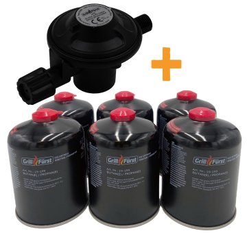 Grillfürst Camping-Set - mit einstufigem Druckminderer 50 mbar + 6 Gaskartuschen