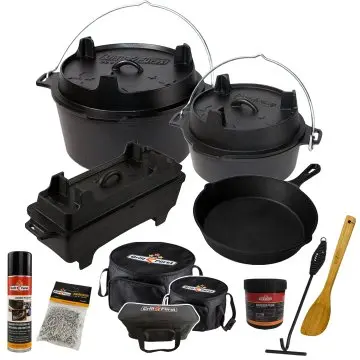 Grillfürst XXL Dutch Oven Set / Starterpaket Gusseisen - X-DEAL mit Dutch Oven DO9+DO4, Kastenform BK4, Gusseisenpfanne Ø 30 cm - inkl. großem Zubehörpaket