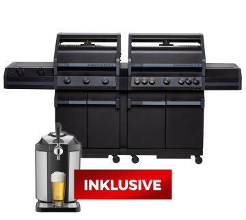 Grillfürst Independence P830E Doppelkammer Gasgrill - mattschwarz - mit XXL Infrarotbrenner, Seitenkocher, Heckbrenner und Edelstahlrosten inkl. CASO BeerMaster - Bierzapfanlage