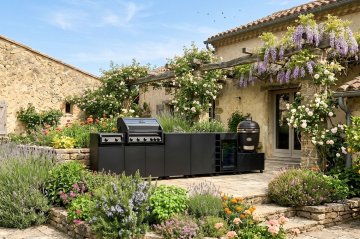 Grillfürst Moments Grillküche mit Independence P590E Gasgrill, Independence P230E XXL Infrarotbrenner, Monolith Keramikgrill, Kühlschrank, Tür mit Stauraum und Flaschenregal - Nero
