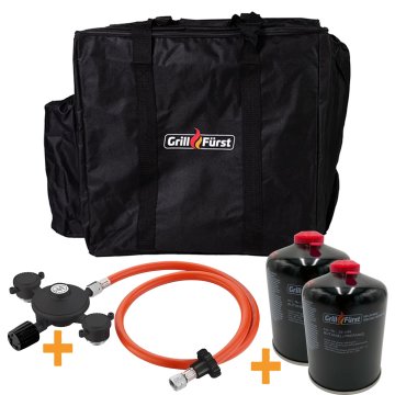 Grillfürst CAMPING SET - incl. Tragetasche, Kombi Kartuschen-Druckregler und Gaskartuschen