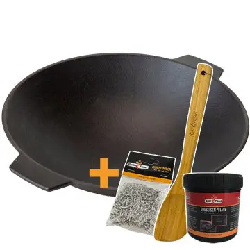 Grillfürst Gusseisen Wok mit 2 Griffen Ø 30 cm - X-Deal inkl. Pflegepaste, Ringreiniger und Kochlöffel