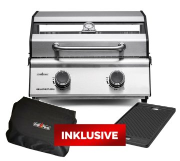 Grillfürst G201E 2-Brenner Gasgrill portabel v2 - Campinggrill / Balkongrill 50mbar - STARTERSET inkl. Grillplatte und Abdeckhaube