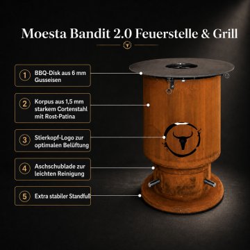 Moesta Bandit 2.0 FirePlace - Feuertonne aus Cortenstahl - mit BBQ Disk & 4 Ablagen oben schwarz