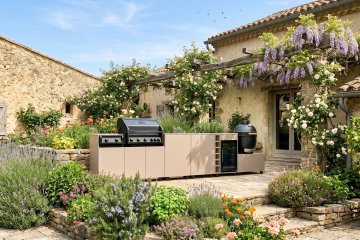 Grillfürst Moments Grillküche mit Independence P590E Gasgrill, Independence P230E XXL Infrarotbrenner, Monolith Keramikgrill, Kühlschrank, Tür mit Stauraum und Flaschenregal - Mediterran / Aeris