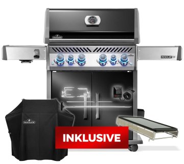 Napoleon Rogue PRO-S 525 Gasgrill - mit SIZZLE ZONE™ und Heckbrenner - mit Gusseisenrosten, Schwarz - inkl. Abdeckhaube, Grillplatte für Sizzle Zone und Drehspieß-Set