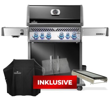 Napoleon Rogue PRO-S 525 Gasgrill - mit SIZZLE ZONE™ und Heckbrenner - mit Gusseisenrosten, Schwarz - inkl. Abdeckhaube, Grillplatte für Sizzle Zone und zusätzlichen Edelstahl Grillrosten