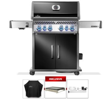Napoleon Rogue PRO-S 525 Gasgrill - mit SIZZLE ZONE™ und Heckbrenner - mit Gusseisenrosten, Schwarz - Limitiertes Set inkl. Abdeckhaube, Grillplatte für Sizzle Zone und Drehspieß-Set