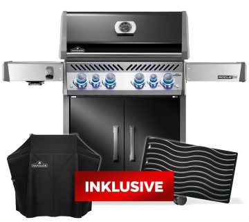 Napoleon Rogue PRO-S 525 Gasgrill - mit SIZZLE ZONE™ und Heckbrenner - mit Gusseisenrosten, Schwarz - inkl. Abdeckhaube und Grillplatte