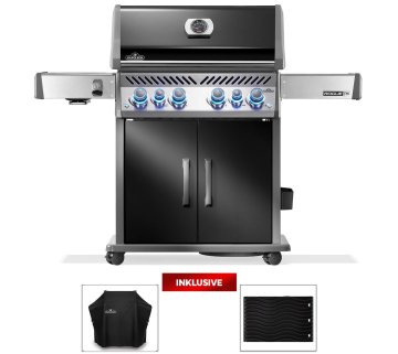Napoleon Rogue PRO-S 525 Gasgrill - mit SIZZLE ZONE™ und Heckbrenner - mit Gusseisenrosten, Schwarz - inkl. Abdeckhaube und Grillplatte