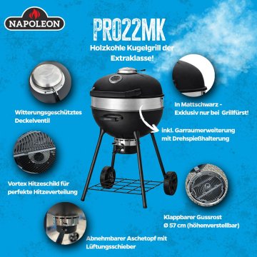Napoleon PRO Holzkohlegrill Kugelgrill Ø 57 cm mit Gussrost und Deckelscharnier - Mattschwarz