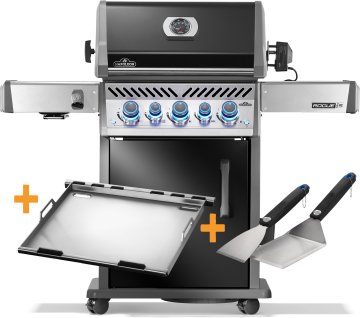 Napoleon Rogue PRO-S 425 Gasgrill - SIZZLE ZONE™ und Heckbrenner - mit Gusseisenrosten, Schwarz - inkl. Drehspieß - X-DEAL inkl. Edelstahlplancha und Plancha Tool-Set 2-teilig