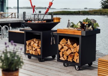 OFYR Mise en Place Table Black 65 PRO - mit Teakholz-Arbeitsplatte & Holzlager