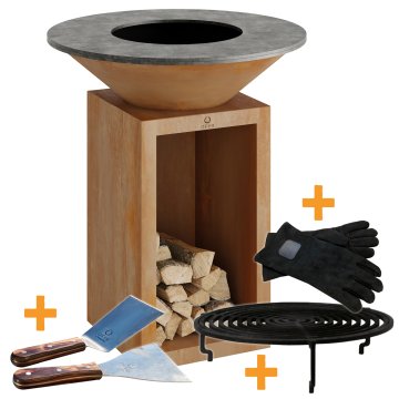 OFYR Grill Feuerplatte Classic Storage Corten 85 - inkl. Grillrost mit Rosterhöhung, Leder Grillhandschuhe &amp; Spatula Set