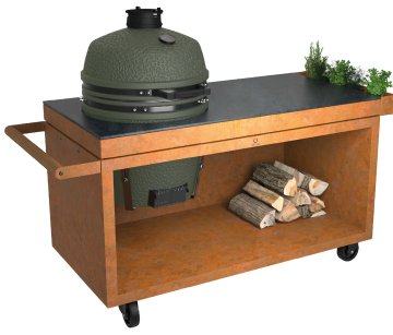 OFYR Kamado Table Corten 150 PRO - mit Keramik-Arbeitsplatte & BSTRD. Keramikgrill Pro Large Green