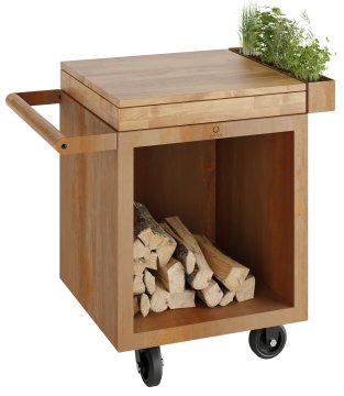 OFYR Mise en Place Table Corten 65 PRO - mit Teakholz-Arbeitsplatte & Holzlager
