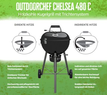 Outdoorchef Holzkohle Kugelgrill Chelsea 480 C schwarz - Holzkohlegrill mit innovativem Trichtersystem