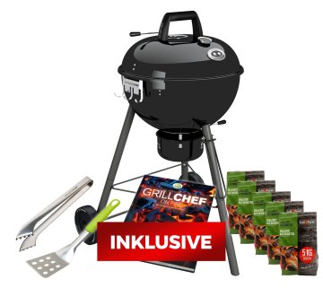 Outdoorchef Holzkohle Kugelgrill Chelsea 480 C schwarz - inkl. XXL STARTERSET mit 25 kg Grillbriketts, Grillbesteck Set 2tlg. und Grillbuch