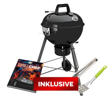 Outdoorchef Holzkohle Kugelgrill Chelsea 480 C schwarz - inkl. Outdoorchef Grillbuch: Das Einmaleins für den Holzkohlegrill + Grillbesteck Set 2tlg.