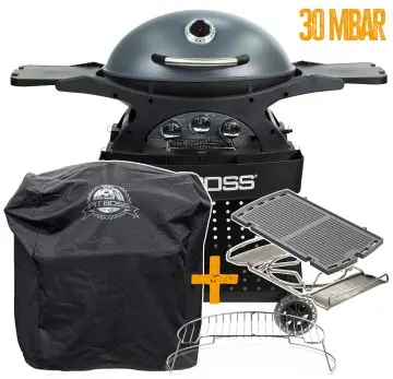 Pit Boss Gasgrill Sportsman 3 / Campinggrill 30 mbar - inkl. Unterwagen, Grillplatte, Warmhalterost, Pfannenuntersetzer und Abdeckhaube