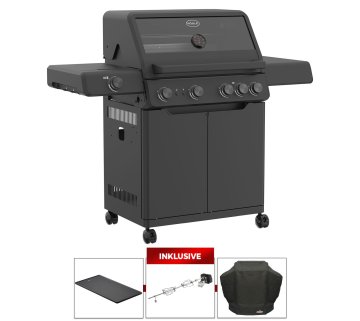 Rösle Gasgrill Allflame Hero 4 inkl. Abdeckhaube, Gusseisen Grillplatte und Drehspieß Set