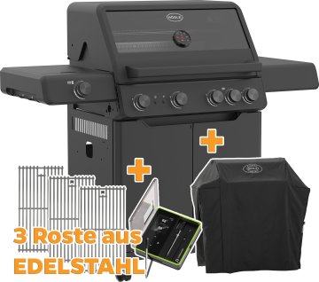 Rösle Gasgrill ALLFLAME Hero 4 - GRILLFÜRST EDITION mit Edelstahlrosten - inkl. Abdeckhaube und Outdoorchef Easy Check Thermometer Dual