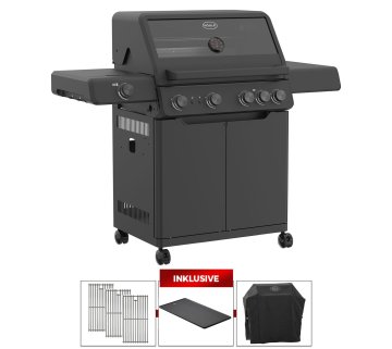 Rösle Gasgrill ALLFLAME Hero 4 - GRILLFÜRST EDITION mit Edelstahlrosten - inkl. Abdeckhaube und Gusseisen Grillplatte