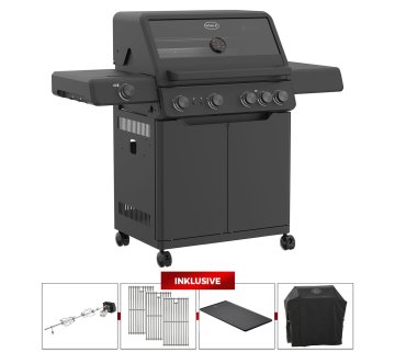 Rösle Gasgrill ALLFLAME Hero 4 - GRILLFÜRST EDITION mit Edelstahlrosten - inkl. Abdeckhaube, Premium Drehspieß und Gusseisen Grillplatte