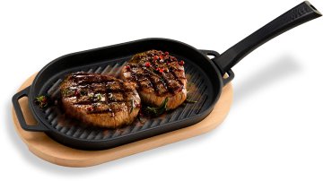 Witt Grillpfanne Gusseisen - gerillt - mit Holzbrett