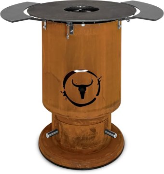 Moesta Bandit 2.0 FirePlace - Feuertonne aus Cortenstahl - mit BBQ Disk & 2 Ablagen oben grau