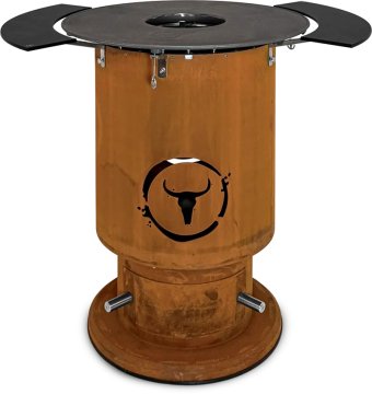 Moesta Bandit 2.0 FirePlace - Feuertonne aus Cortenstahl - mit BBQ Disk & 2 Ablagen oben schwarz