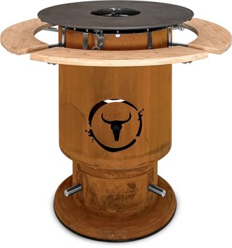 Moesta Bandit 2.0 FirePlace - Feuertonne aus Cortenstahl - mit BBQ Disk & 4 Ablagen unten Bambus