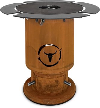 Moesta Bandit 2.0 FirePlace - Feuertonne aus Cortenstahl - mit BBQ Disk & 4 Ablagen oben grau