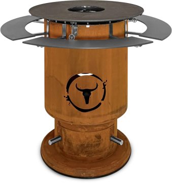 Moesta Bandit 2.0 FirePlace - Feuertonne aus Cortenstahl - mit BBQ Disk & 4 Ablagen unten grau