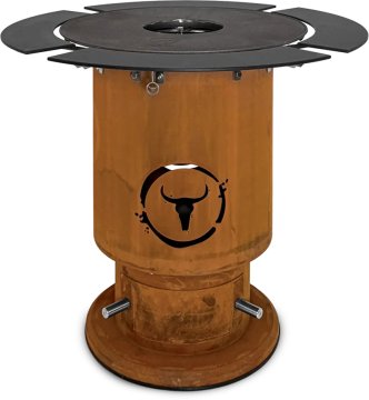 Moesta Bandit 2.0 FirePlace - Feuertonne aus Cortenstahl - mit BBQ Disk & 4 Ablagen oben schwarz