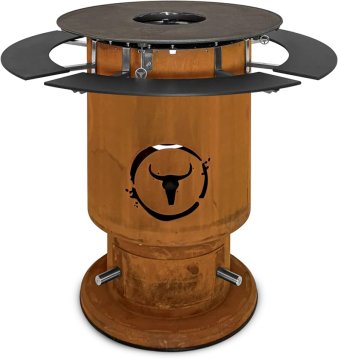 Moesta Bandit 2.0 FirePlace - Feuertonne aus Cortenstahl - mit BBQ Disk & 4 Ablagen unten schwarz