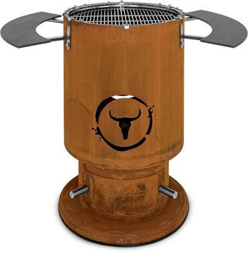 Moesta Bandit 2.0 FirePlace - Feuertonne aus Cortenstahl - mit Grillrost & 2 Ablagen unten grau