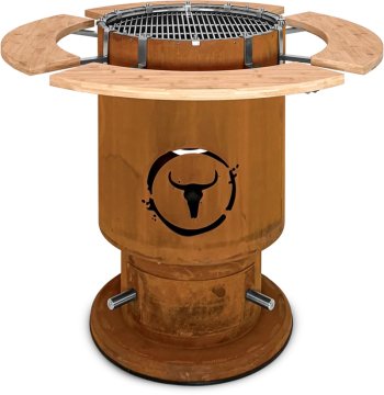 Moesta Bandit 2.0 FirePlace - Feuertonne aus Cortenstahl - mit Grillrost & 4 Ablagen unten Bambus