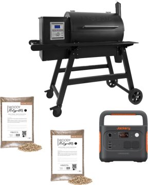 Moesta Pelletgrill Sheriff 2.0 - inkl. PaperBlank Ablagebrett schwarz, Jackery tragbare Powerstation Explorer 1000 & Pellets
