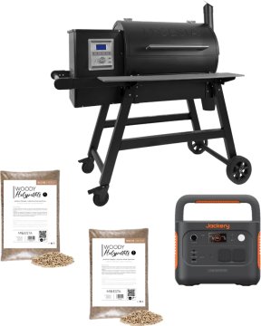 Moesta Pelletgrill Sheriff 2.0 - inkl. PaperBlank Ablagebrett grau, Jackery tragbare Powerstation Explorer 1000 & Pellets