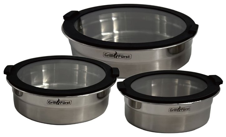 Grillfürst BBQ 3er Edelstahlschüssel Set mit Glasdeckel