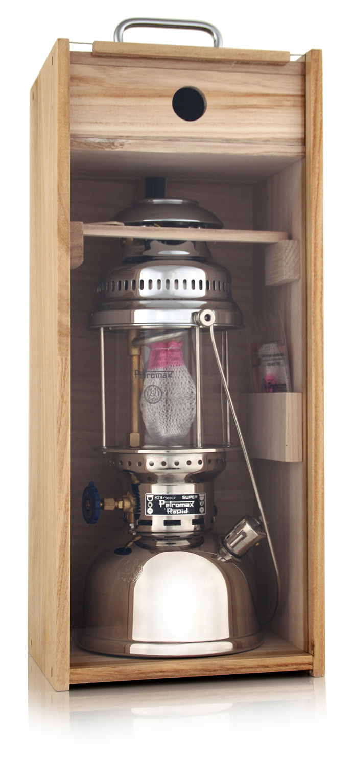 Petromax Holzbox mit Plexiglasfront für Petroleumlampe HK350/500